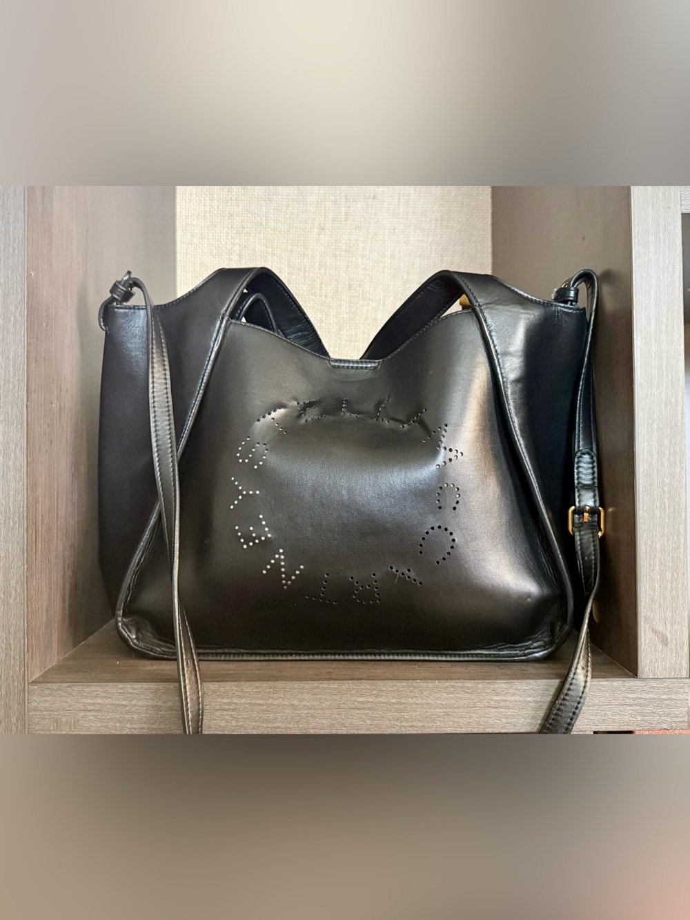 Stella McCartney Black Perforated Logo Hobo Shoulder Bag